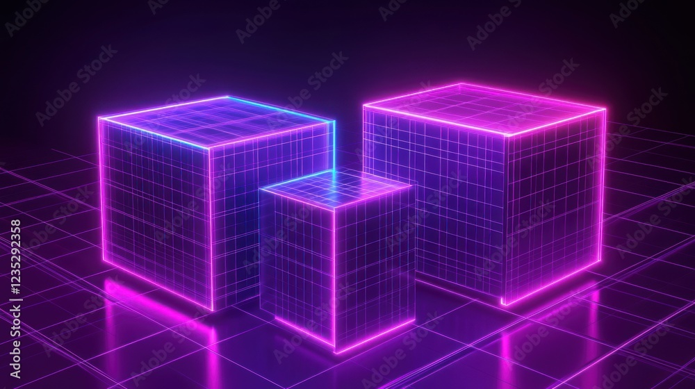 Poster neon cubes glowing in a digital grid setting
