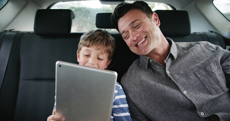 Road trip, son and dad with tablet, games or online movie for entertainment and vacation. Family,...