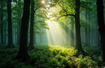 Obraz premium Sunlight beams through misty forest. Greenery fills landscape. Tall trees create mysterious atmosphere. Nature scene evokes peace, tranquility. Early morning light casts soft shadows. Tranquil,