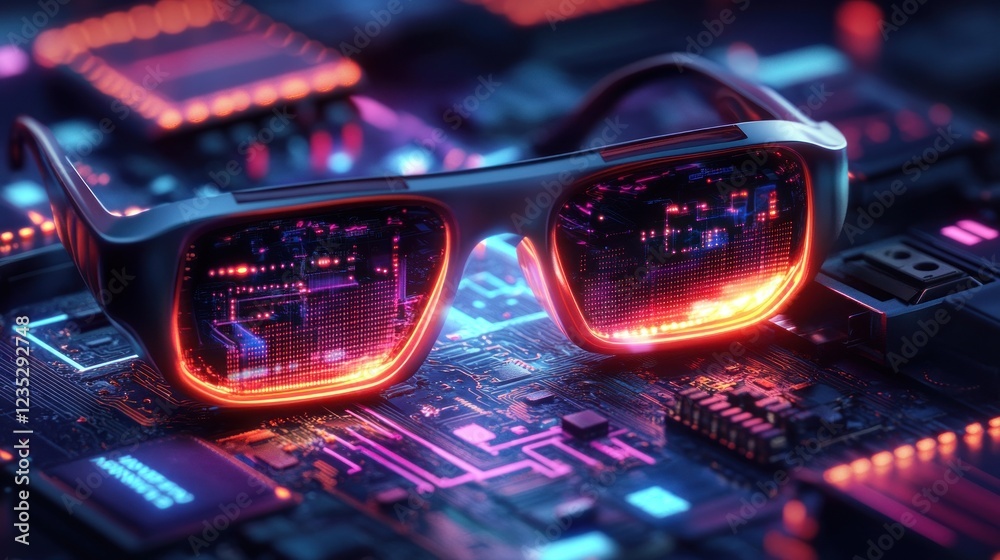 Poster futuristic glasses displaying digital circuitry data