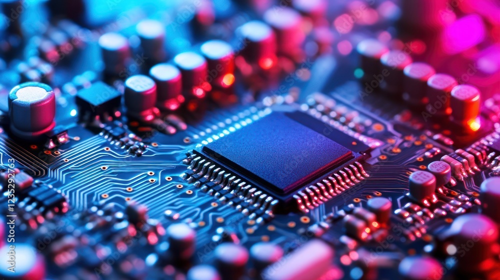 Poster Closeup view of a circuit board with integrated microchip