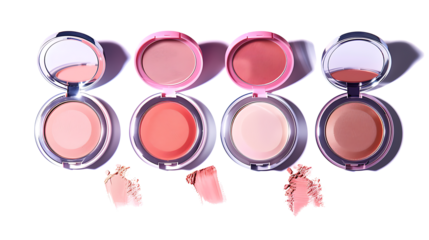 A set of compact powders and blush palettes, isolated on a white background