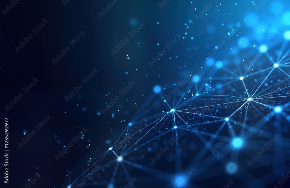 Poster Abstract futuristic network design with shiny blue lines, points. 3D tech structure on dark blue background. Modern concept for web business presentations. Illustrates connection, advanced tech.