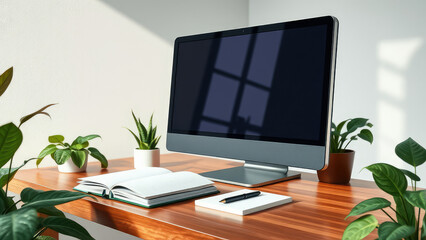 desktop computer and notebook on desk with plants, calming ambiance, computers, workspace inspiration, productivity tips