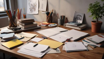 Naklejka premium Desk with a few notebooks and papers scattered on it , tidy desk, focused, writing instrument