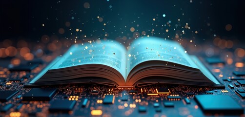 Open book rests on tech circuit board. Digital tech, traditional learning methods. Knowledge, education. Future of learning. Comparing old, new. Modern vs. classic. Conceptual image. Ideal for