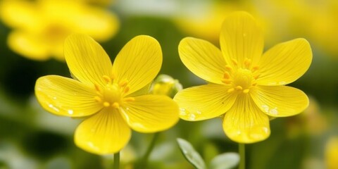 Fototapeta premium Two yellow wildflowers in bloom, garden background, nature beauty, spring.