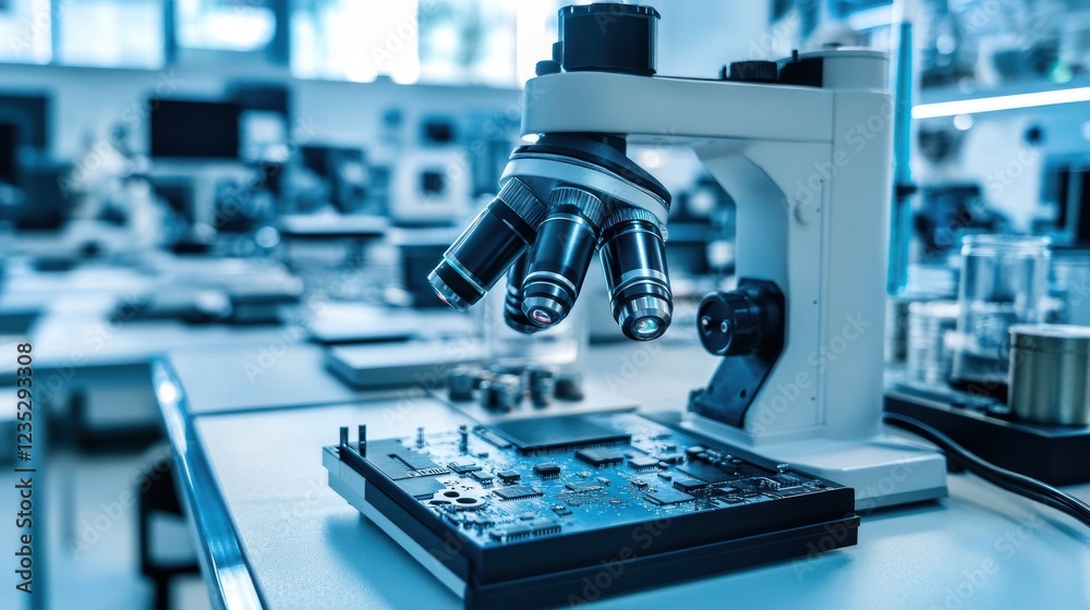 Poster Microscope Inspecting Circuit Board In Modern Lab