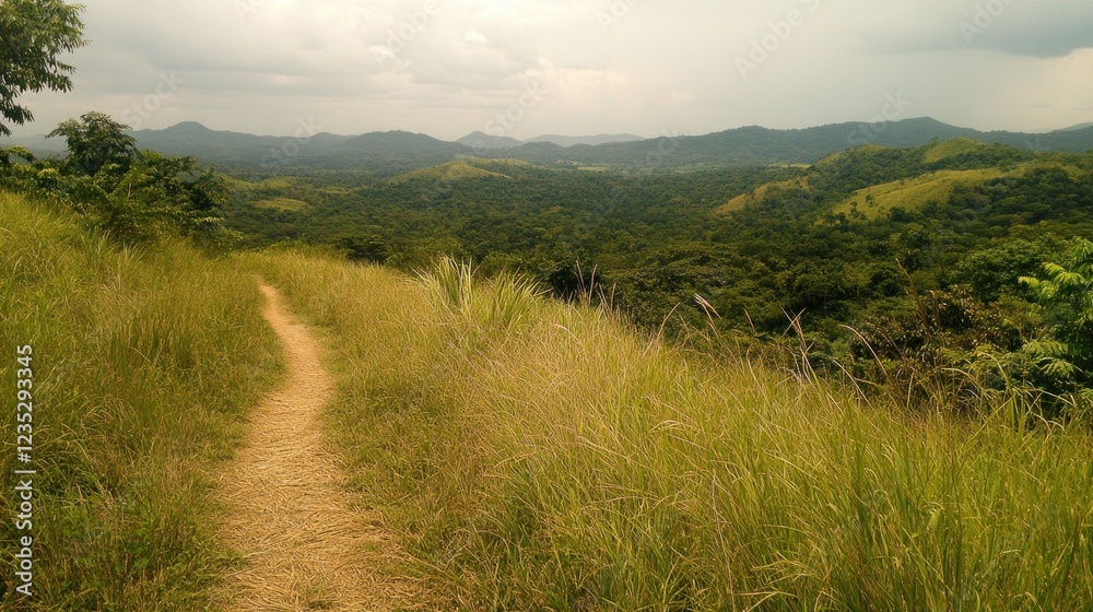 Poster grassy path leading to scenic mountain view
