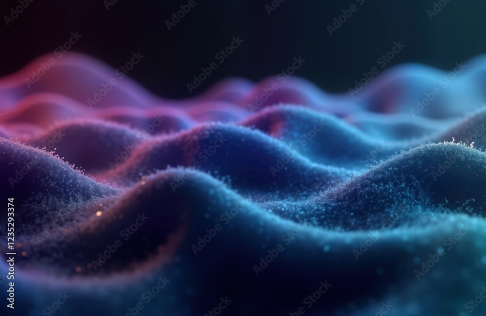 Poster Abstract purple, blue waves on black background. Smooth lighting creates deep depth of field. Soft focus highlights textured wave patterns. Dark purple, teal gradient colors. Modern design perfect