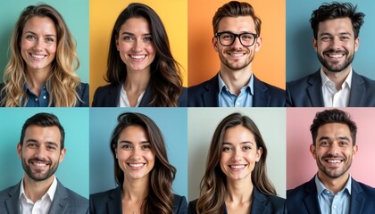Diverse business team profile photos. Smiling executives in business attire. Collage style. Group photo showcasing professionalism, teamwork. Successful business people. Various expressions on faces