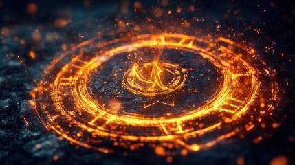 Fiery Circular Rune Glowing Brightly In Darkness
