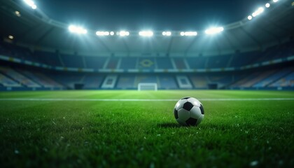 Close-up view of soccer field in stadium at night. Rich green grass covers pitch. Soccer ball sits on field. Bright stadium lights illuminate field. Expertly manicured turf, lines mark playing area.