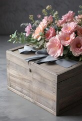 distressed wooden box with soft gray paper wrapping and pastel flowers, gift box, distressed wood