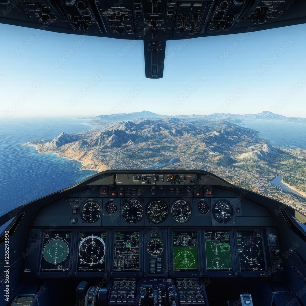 Aufkleber view from cockpit of aircraft flying over coastal mountains and ocean during clear weather. generati