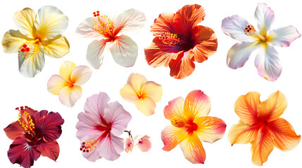 Fototapeta premium A set of tropical flowers, including hibiscus, orchids, and frangipani, isolated on a white background
