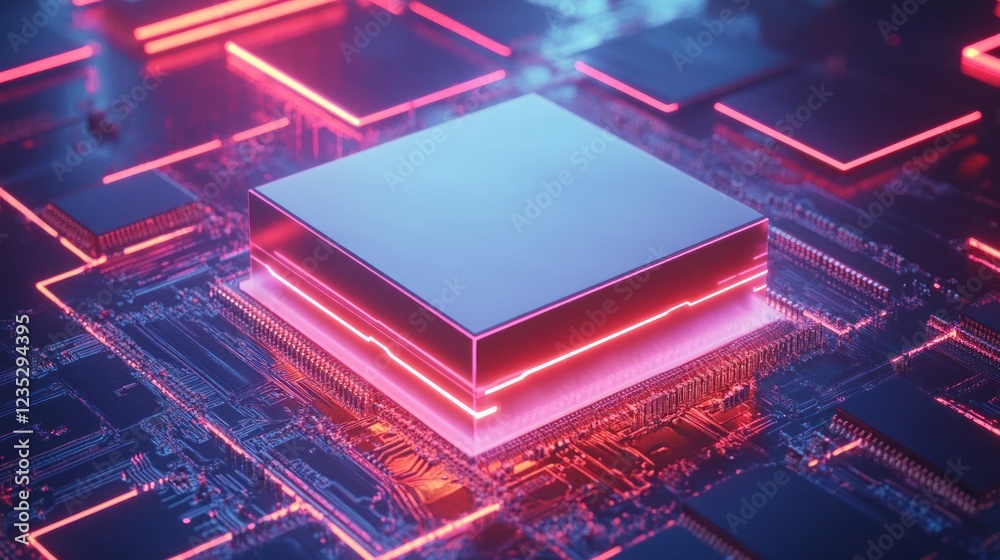 Poster Neon Lit Central Processing Unit On Circuit Board