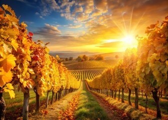 Naklejka premium Golden Autumn Vineyard: Sunlit Vines & Rolling Hills Stock Photo