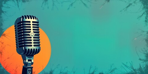 Vintage microphone on teal background with orange circle. Retro style. Creative design template for advertisement media. Abstract collage art. Modern visual for news, shows interviews. Graphic design