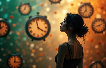 Thoughtful woman stands before many clocks. Exploring concepts of time, consciousness. Image evokes introspection, spiritual journey. Focus on personal growth, mindfulness. Suggests therapy, healing.