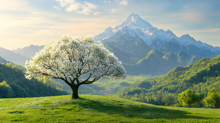 Spring blossom tree, mountain backdrop, sunrise, peaceful landscape, nature scene