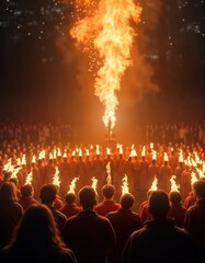 Large group of people in religious ceremony. Large flames rise above. Seem to praying celebrating holy event. Possibly Pentecost celebration. Red clothing suggests unified group special occasion.
