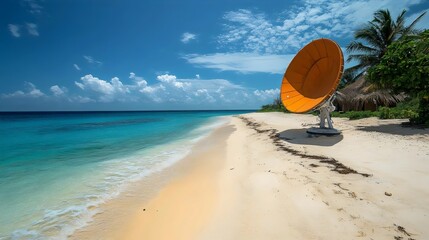 Obraz premium A large orange satellite dish is sitting on a beach