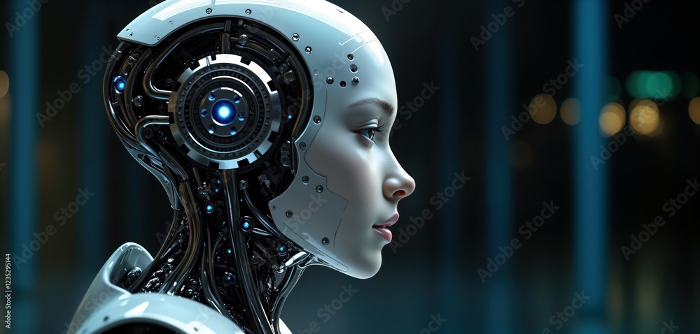 Fototapete Female robot profile view. Futuristic android face shows calm expression. Advanced tech, AI concept. Modern robotic design. Details of mechanism visible on head, neck. Stylish, innovative design for