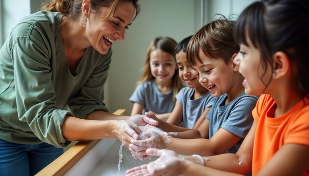Teacher helps children wash hands with soap in fun educational activity. Children enjoy learning hygiene. Positive, happy atmosphere in classroom. Preschool daycare setting. Focus on health, safety.