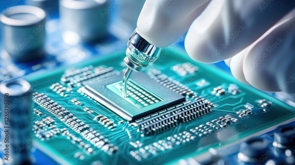Poster Gloved Hand Installing Microchip onto Circuit Board