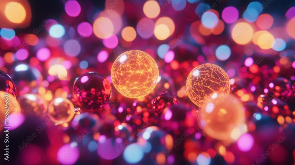Poster Illuminated spheres within a vibrant colorful bokeh background