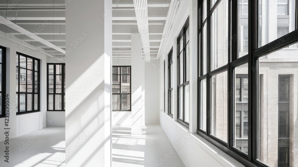 Poster sunlit modern office space with large windows