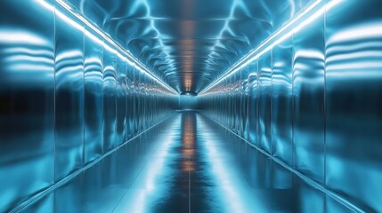 A long, narrow hallway with a blue ceiling and walls