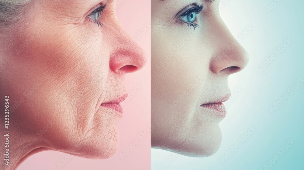 Aufkleber contrasting features of aging and youthfulness in two faces side by side highlighting times impact. 