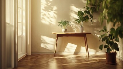 Sunlit Room Interior With Plants On Wooden Table