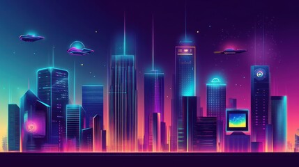Neon Cityscape with Futuristic Flying Vehicles at Night
