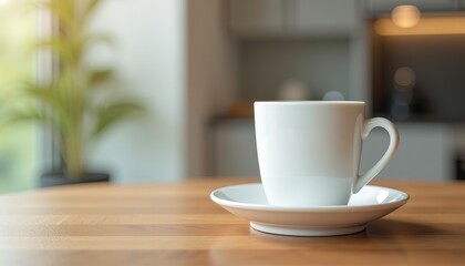 Imary of a White Coffee Cup and Saucer on a Wooden Table with Blurred Background Showing Plant and Wall