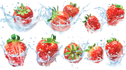Set of ripe red strawberries splashing with small green leaves, isolated on a white background