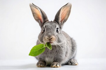 Fototapeta premium Gray Bunny Munching on Mint Leaf Isolated on White
