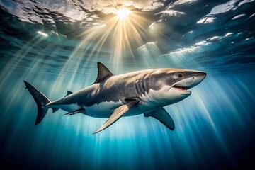 Fototapeta premium Great White Shark Underwater, Ocean Surface, Wildlife Photography