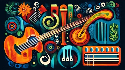 Colorful Vector Illustration of a Rock Guitar with Floral Pattern and Musical Notes