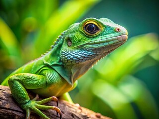 Obraz premium Green Lizard on Branch, Copy Space, Nature Stock Photo