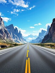 Naklejka premium Empty highway asphalt road running parallel to majestic mountain peaks that rise high into the sky on a clear day, mountains, road, asphalt, highway, sky