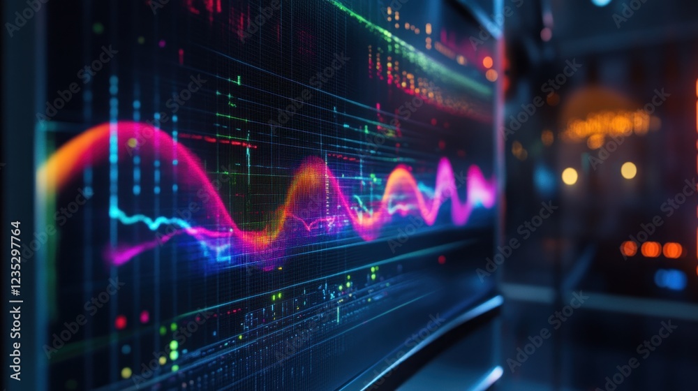 Poster vibrant data waves displayed on modern technology screen
