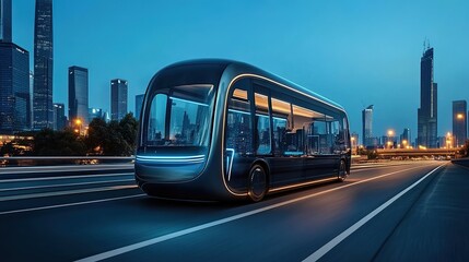 Obraz premium A futuristic electric bus drives along the highway, with a holographic projection display and a streamlined design. The city skyline is visible in the background at dusk. 