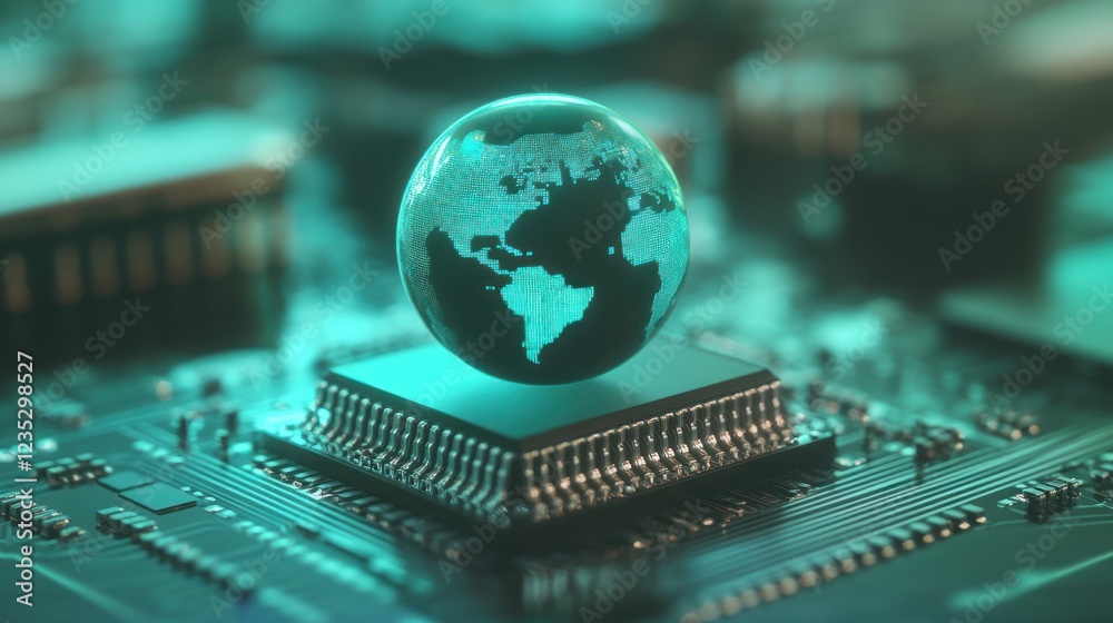 Poster Digital Globe Resting Atop Modern Computer Microchip