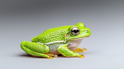 Obraz premium Green tree frog sits alertly on a neutral grey surface in a studio setting with soft lighting.