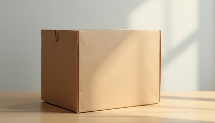 High-Quality Mockup: Brown Cardboard Box on Wooden Table Against White Wall