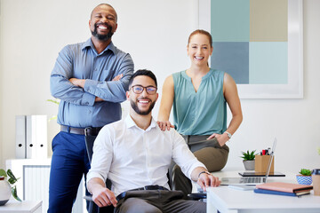 Happy, office and portrait of business people at startup for company pride, opportunity or career. Professional, creative agency and men and woman with smile for diversity, teamwork or collaboration