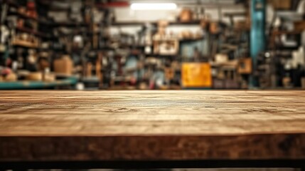 Beautiful empty wooden table top with a blurred, old vintage workshop in the background